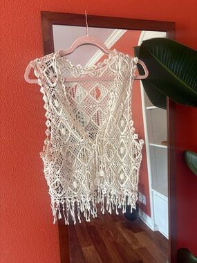Crochet Fringe Cream Tie-Front Vest Festival